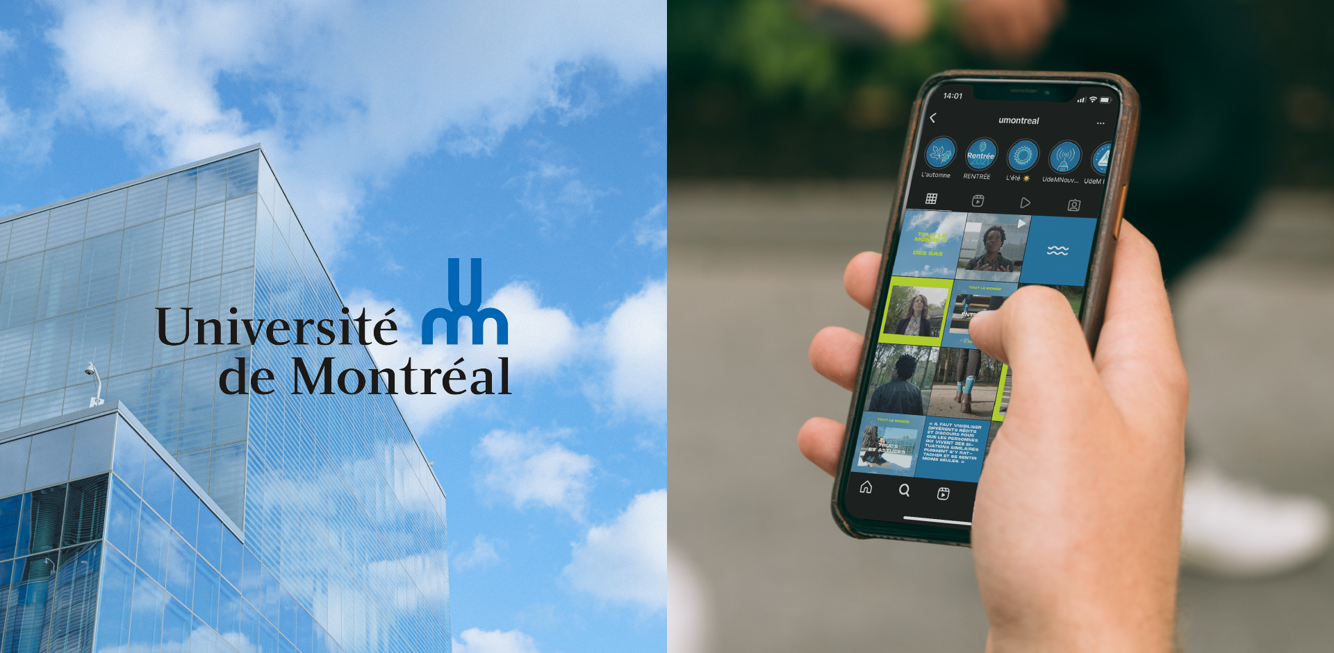 Main qui tient un téléphone mobile ouvert sur le compte Instagram de l'Université de Montréal et plein d'images aux couleurs de la campagne.