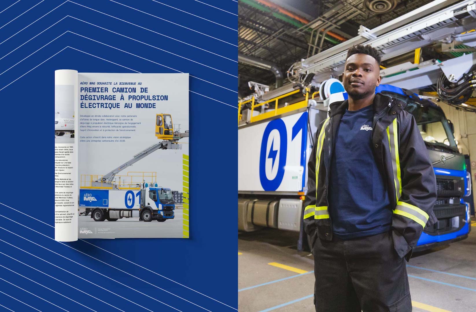 New de-icing truck magazine ad, and photo of a proud Aéro Mag's employee