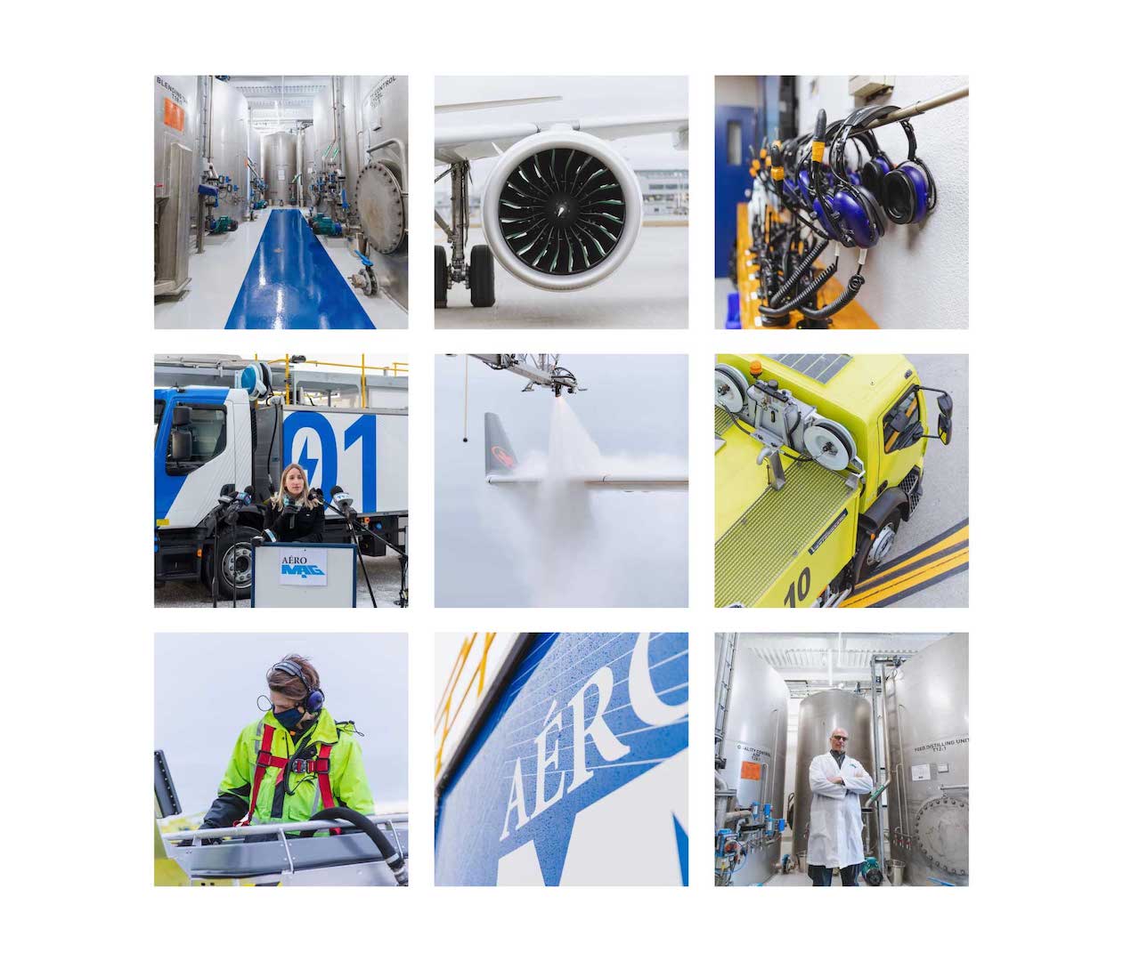 Mosaic of 9 photos of the de-icing truck and Aéro Mag's operations and installations