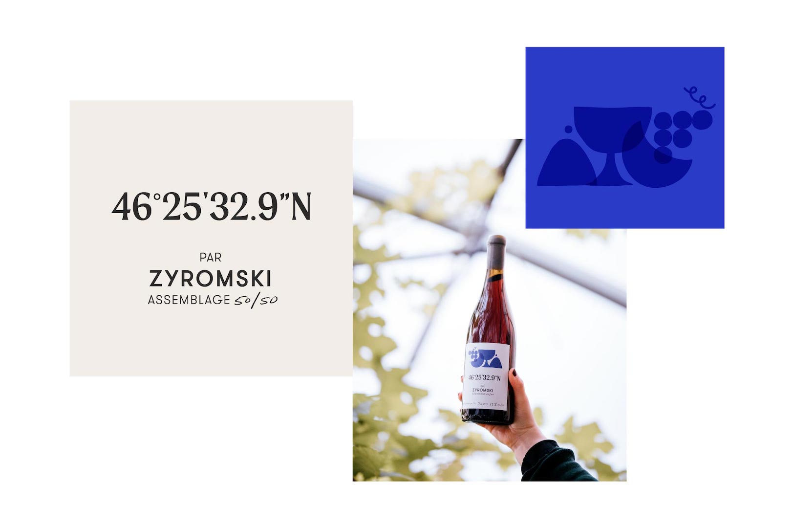 Label on the bottle of 46°25'32.9"N wine with blue graphic elements reminding of a glass and fruits