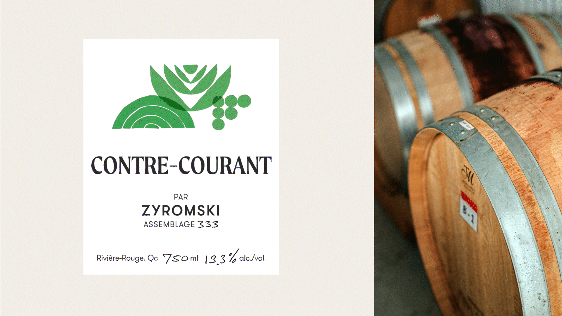Label on the bottle of the Contre-Courant with green graphic elements reminding vines and grapes